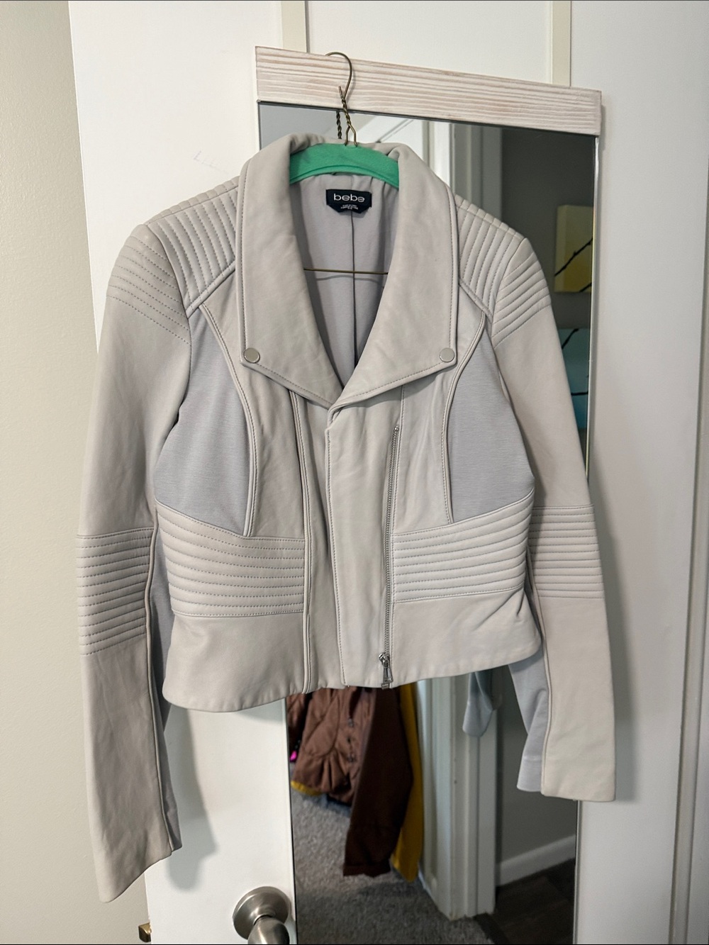 bebe Light Gray Quilted Moto Leather Jacket